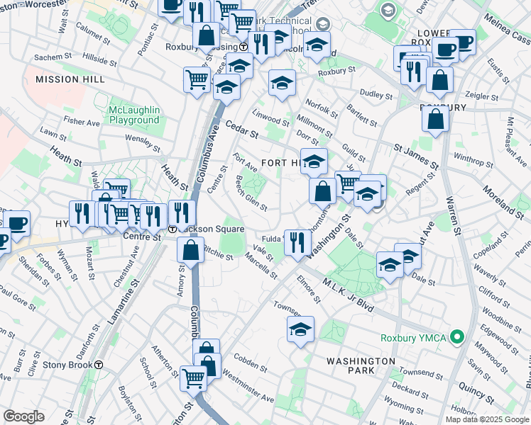 map of restaurants, bars, coffee shops, grocery stores, and more near 65 Beech Glen Street in Boston