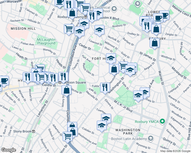 map of restaurants, bars, coffee shops, grocery stores, and more near 65 Beech Glen Street in Boston