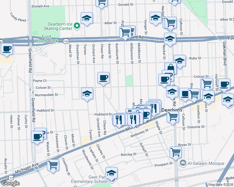 map of restaurants, bars, coffee shops, grocery stores, and more near 5045 Kenilworth Street in Dearborn