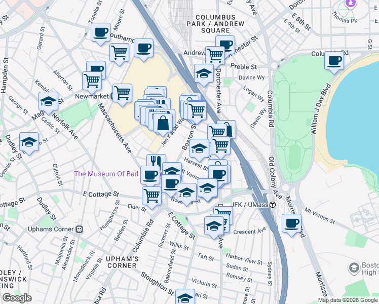 map of restaurants, bars, coffee shops, grocery stores, and more near 56 Dorset Street in Boston