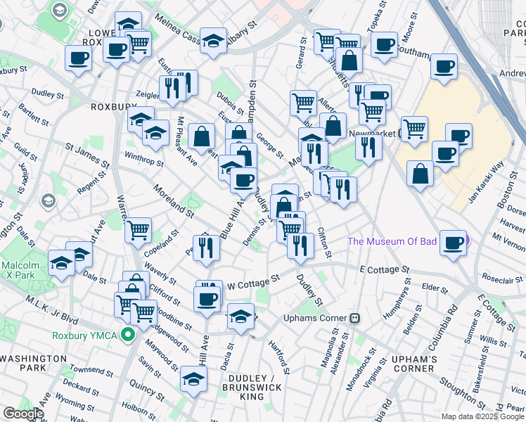 map of restaurants, bars, coffee shops, grocery stores, and more near 451 Dudley Street in Boston