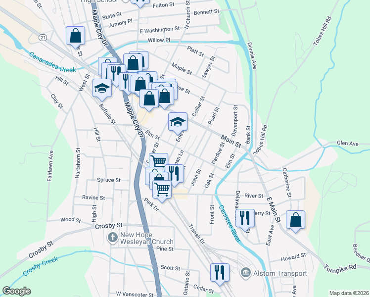 map of restaurants, bars, coffee shops, grocery stores, and more near 66 Elm Street in Hornell