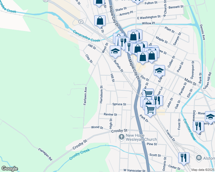 map of restaurants, bars, coffee shops, grocery stores, and more near 48 Hillside Place in Hornell