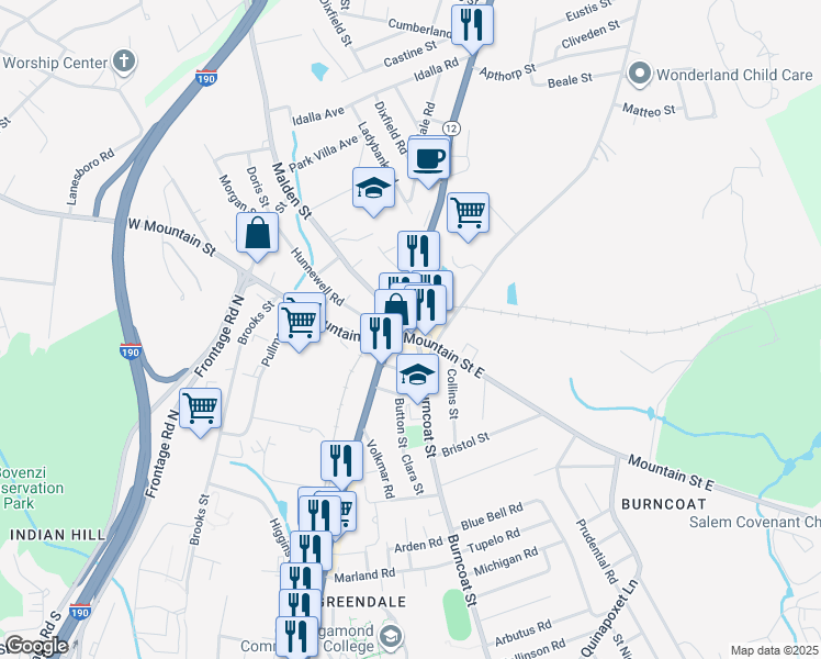 map of restaurants, bars, coffee shops, grocery stores, and more near 3 Mountain Street East in Worcester