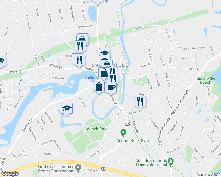 map of restaurants, bars, coffee shops, grocery stores, and more near 1602 Concord Street in Framingham