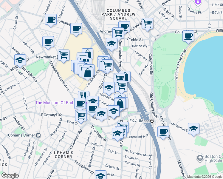 map of restaurants, bars, coffee shops, grocery stores, and more near 17 Dorset Street in Boston