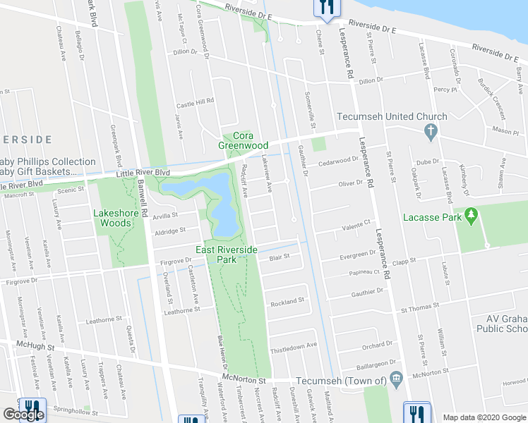 map of restaurants, bars, coffee shops, grocery stores, and more near 11870 Soloman St in Windsor