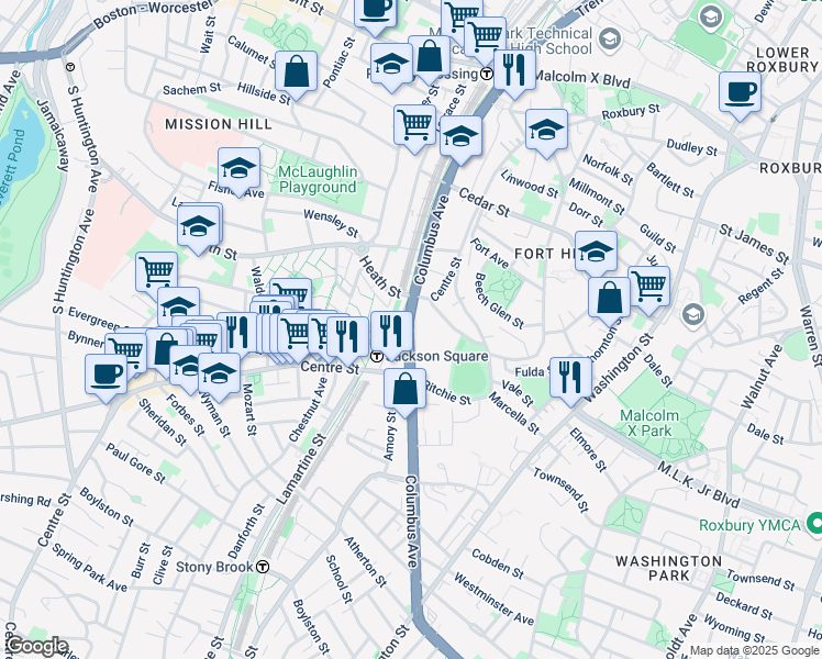 map of restaurants, bars, coffee shops, grocery stores, and more near 1528 Massachusetts 28 in Boston