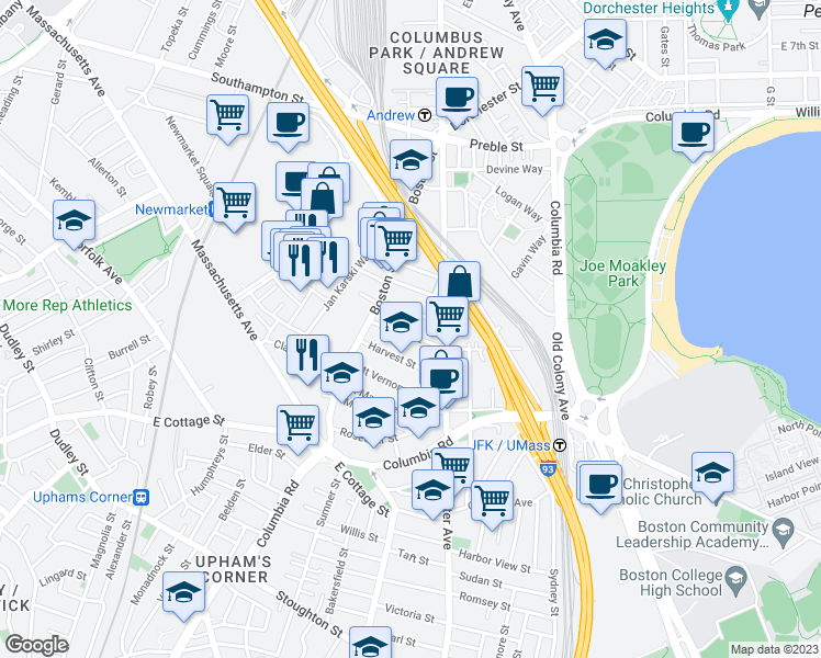 map of restaurants, bars, coffee shops, grocery stores, and more near 17 Dorset Street in Boston