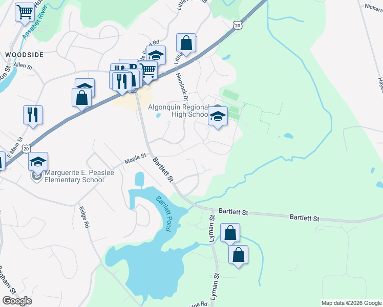 map of restaurants, bars, coffee shops, grocery stores, and more near 6 Weber Lane in Northborough