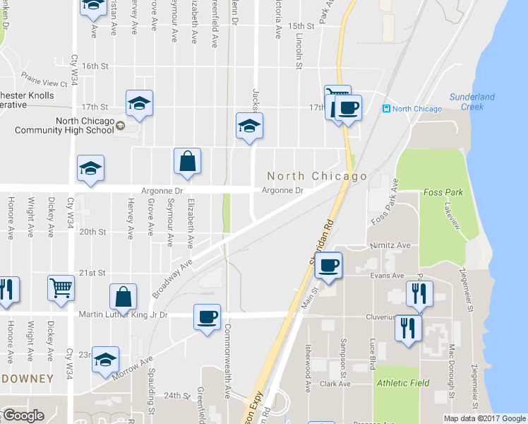 map of restaurants, bars, coffee shops, grocery stores, and more near 1012 Broadway Avenue in North Chicago