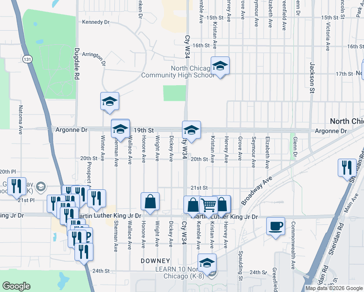 map of restaurants, bars, coffee shops, grocery stores, and more near 1922 Lewis Avenue in North Chicago