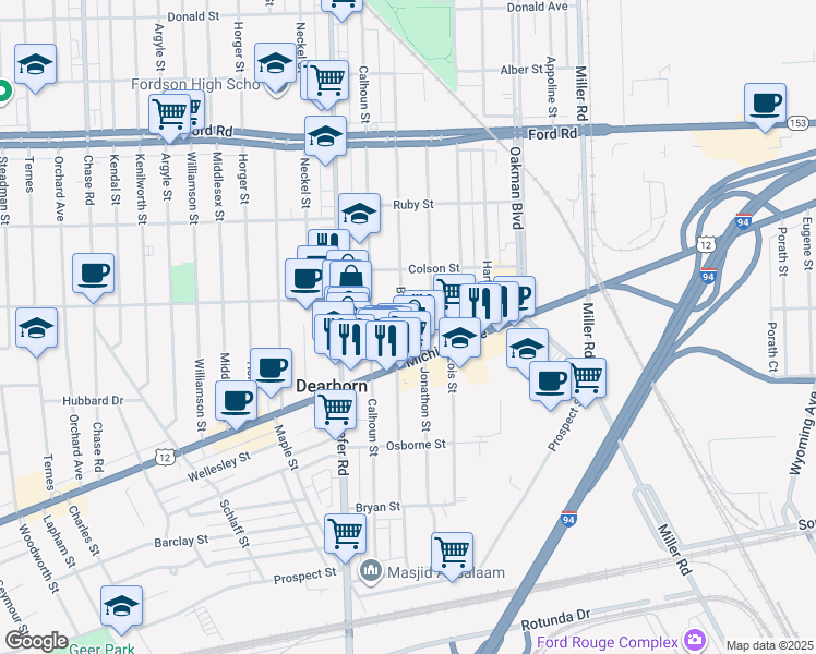map of restaurants, bars, coffee shops, grocery stores, and more near 5012 Bingham Street in Dearborn