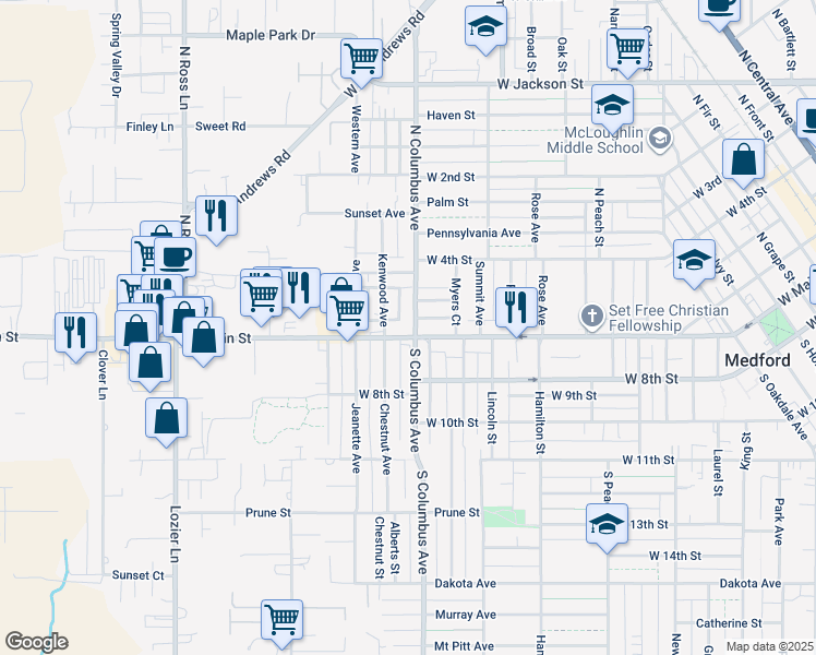 map of restaurants, bars, coffee shops, grocery stores, and more near 9 North Columbus Avenue in Medford