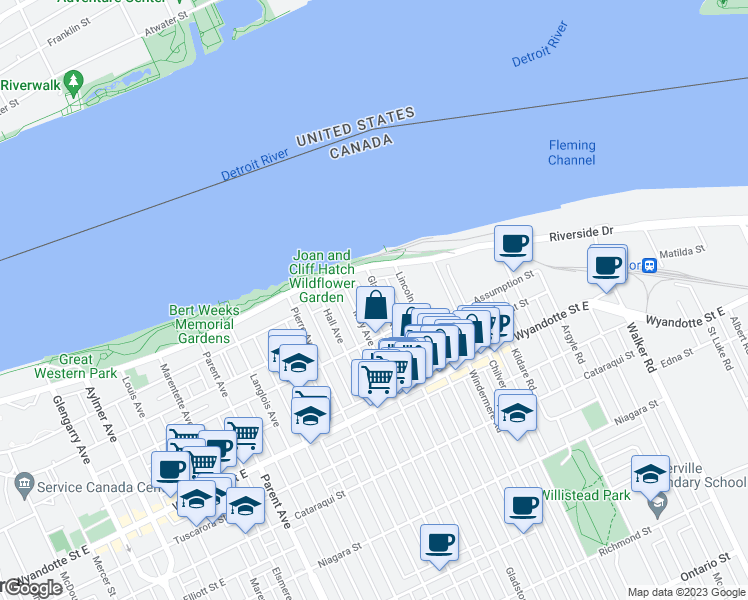 map of restaurants, bars, coffee shops, grocery stores, and more near 269 Gladstone Avenue in Windsor