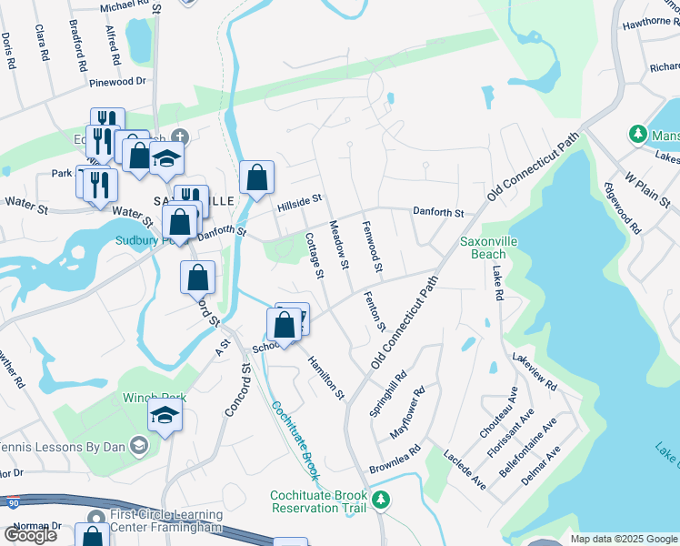 map of restaurants, bars, coffee shops, grocery stores, and more near 24 Meadow Street in Framingham