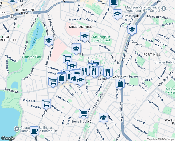 map of restaurants, bars, coffee shops, grocery stores, and more near 17 Round Hill Street in Boston