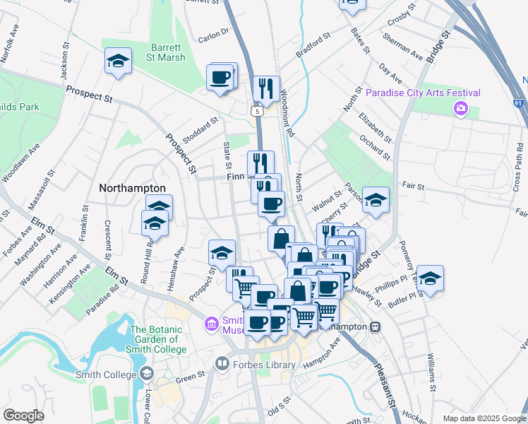 map of restaurants, bars, coffee shops, grocery stores, and more near 9 Summer Street in Northampton