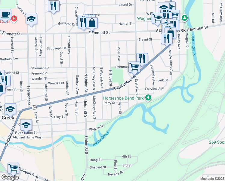 map of restaurants, bars, coffee shops, grocery stores, and more near 482 Capital Avenue Northeast in Battle Creek