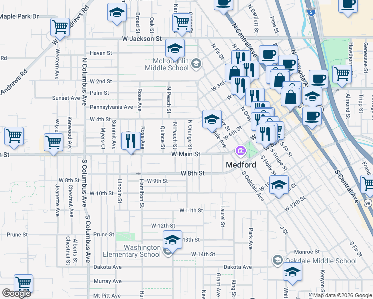 map of restaurants, bars, coffee shops, grocery stores, and more near 906 West Main Street in Medford