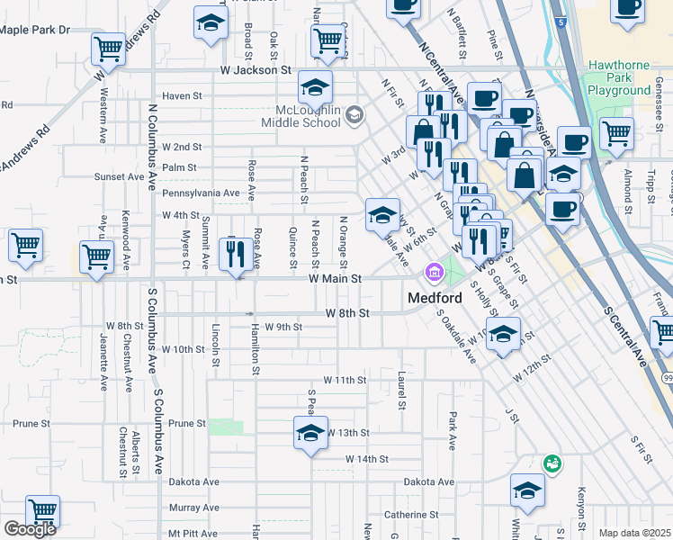map of restaurants, bars, coffee shops, grocery stores, and more near 906 W Main St in Medford