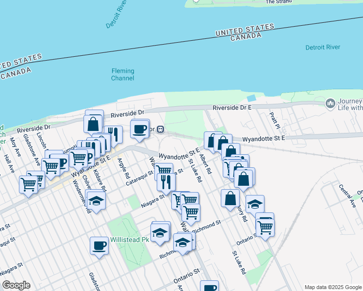 map of restaurants, bars, coffee shops, grocery stores, and more near 725 Saint Luke Road in Windsor