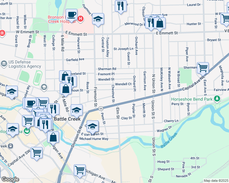 map of restaurants, bars, coffee shops, grocery stores, and more near 44 Chestnut Street in Battle Creek