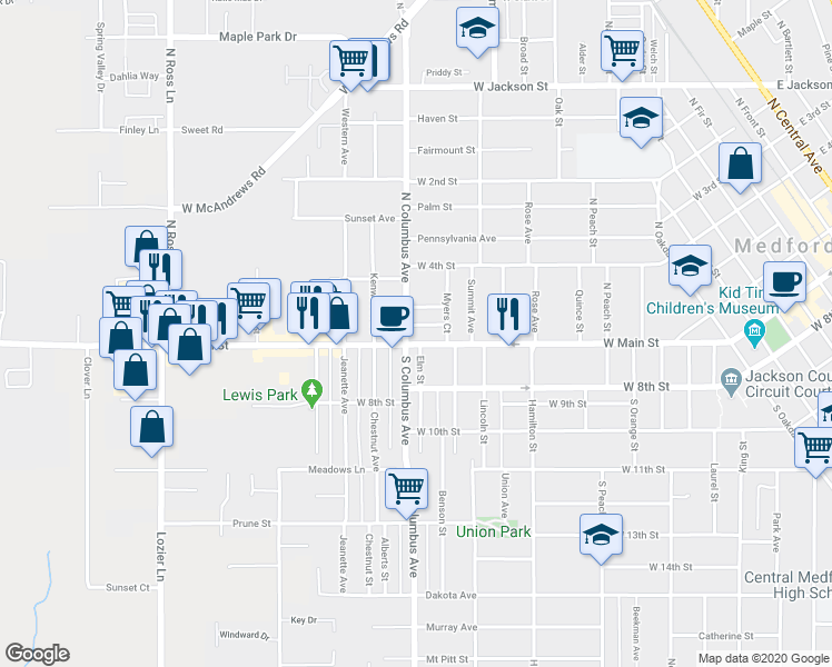 map of restaurants, bars, coffee shops, grocery stores, and more near 9 North Columbus Avenue in Medford