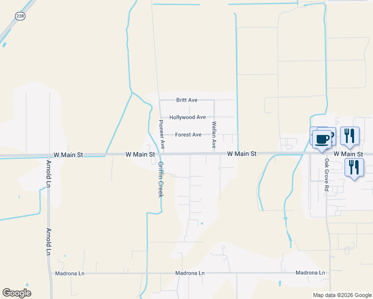 map of restaurants, bars, coffee shops, grocery stores, and more near 3390 West Main Street in Medford