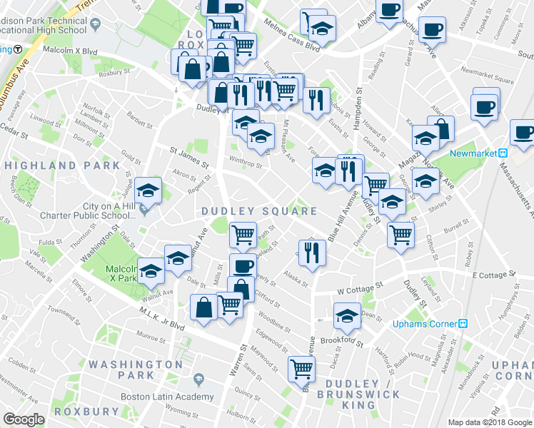 map of restaurants, bars, coffee shops, grocery stores, and more near in Boston