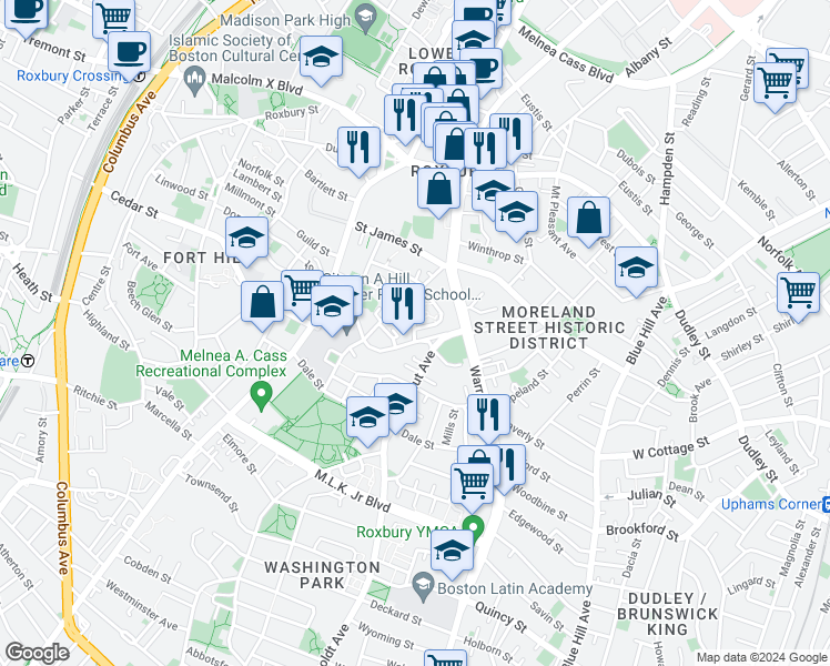 map of restaurants, bars, coffee shops, grocery stores, and more near 21a Circuit Street in Boston