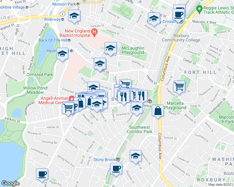 map of restaurants, bars, coffee shops, grocery stores, and more near 17 Round Hill Street in Boston