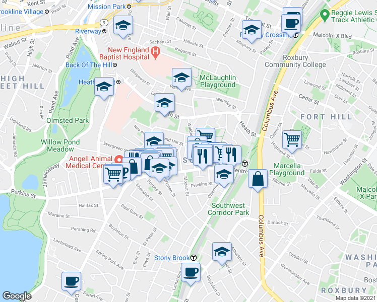 map of restaurants, bars, coffee shops, grocery stores, and more near 17 Round Hill Street in Boston