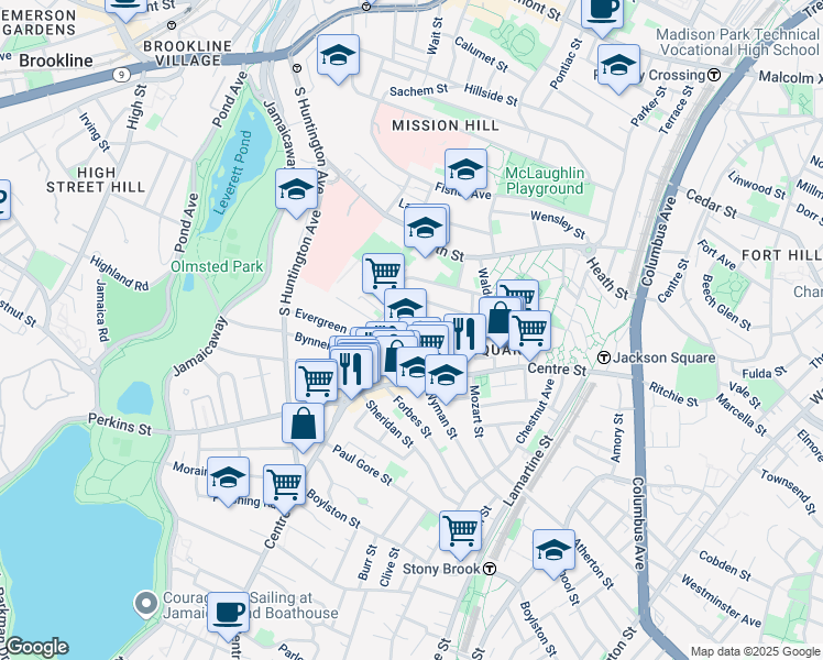 map of restaurants, bars, coffee shops, grocery stores, and more near 47A Creighton Street in Boston