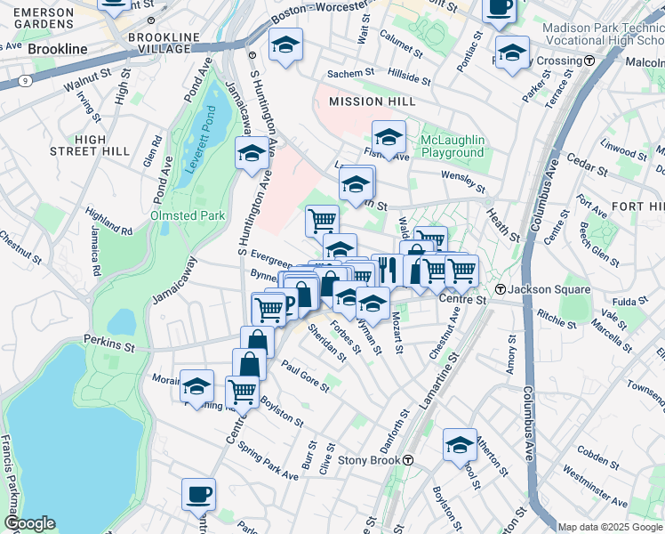 map of restaurants, bars, coffee shops, grocery stores, and more near 47A Creighton Street in Boston