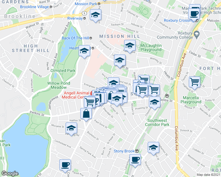 map of restaurants, bars, coffee shops, grocery stores, and more near 47A Creighton Street in Boston