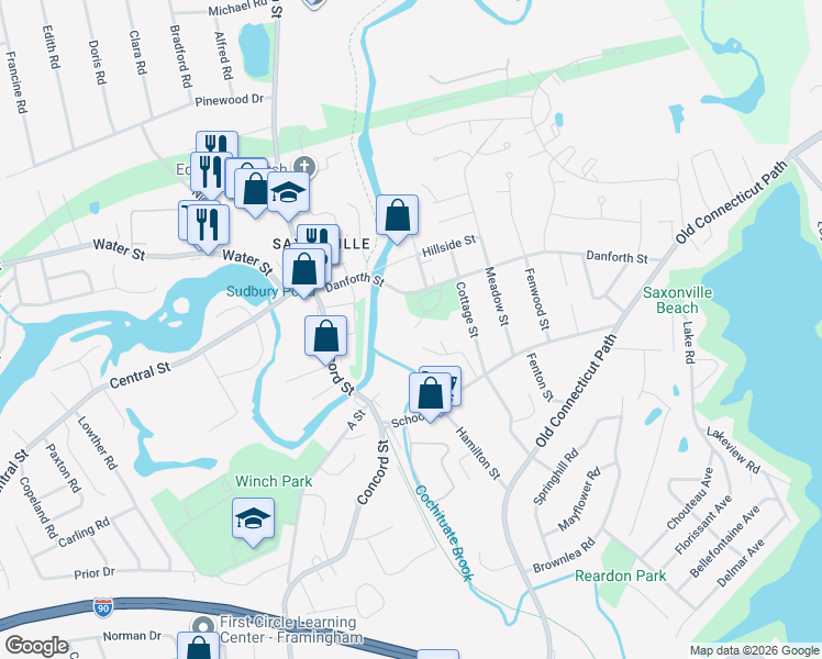 map of restaurants, bars, coffee shops, grocery stores, and more near 11 Danforth Park Road in Framingham