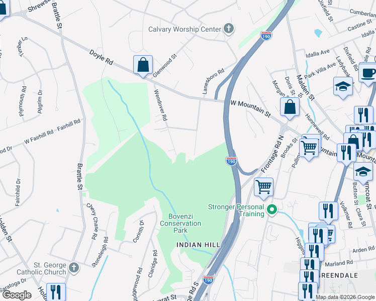 map of restaurants, bars, coffee shops, grocery stores, and more near 44 Maravista Road in Worcester