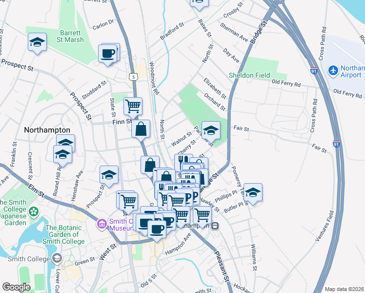 map of restaurants, bars, coffee shops, grocery stores, and more near 13 Walnut Street in Northampton