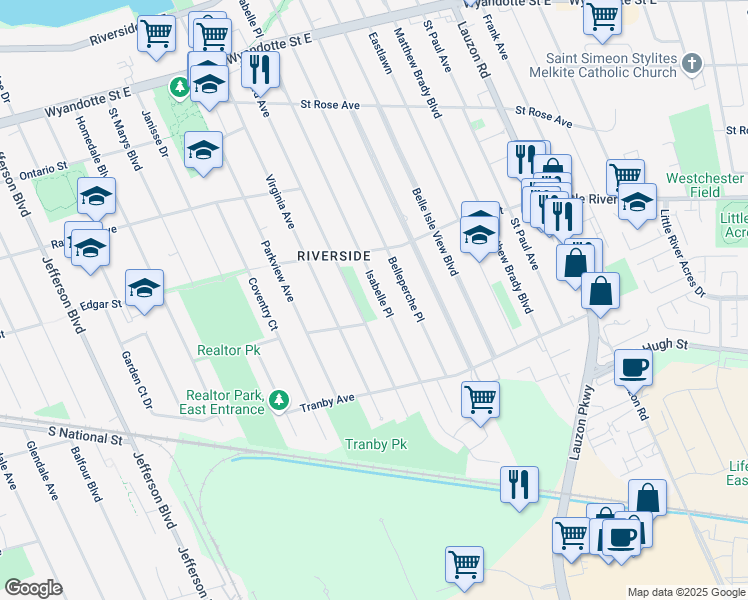 map of restaurants, bars, coffee shops, grocery stores, and more near in Windsor