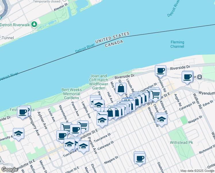map of restaurants, bars, coffee shops, grocery stores, and more near in Windsor
