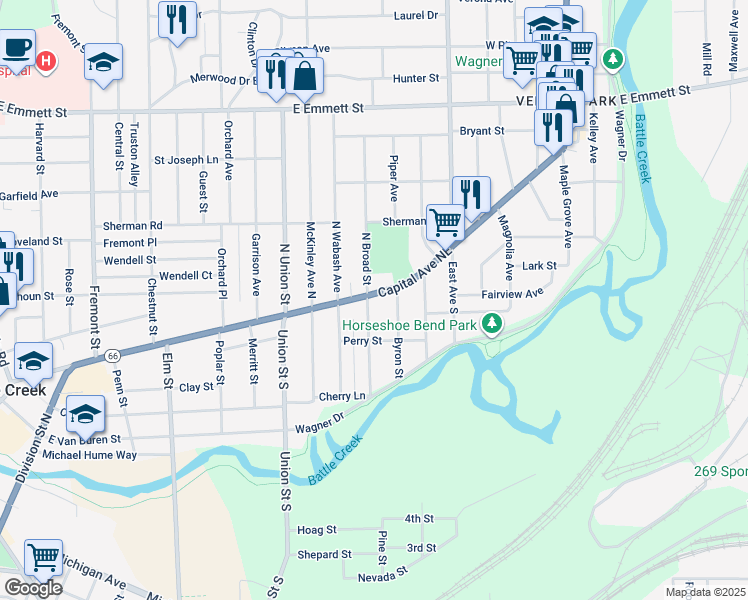 map of restaurants, bars, coffee shops, grocery stores, and more near 482 Capital Avenue Northeast in Battle Creek