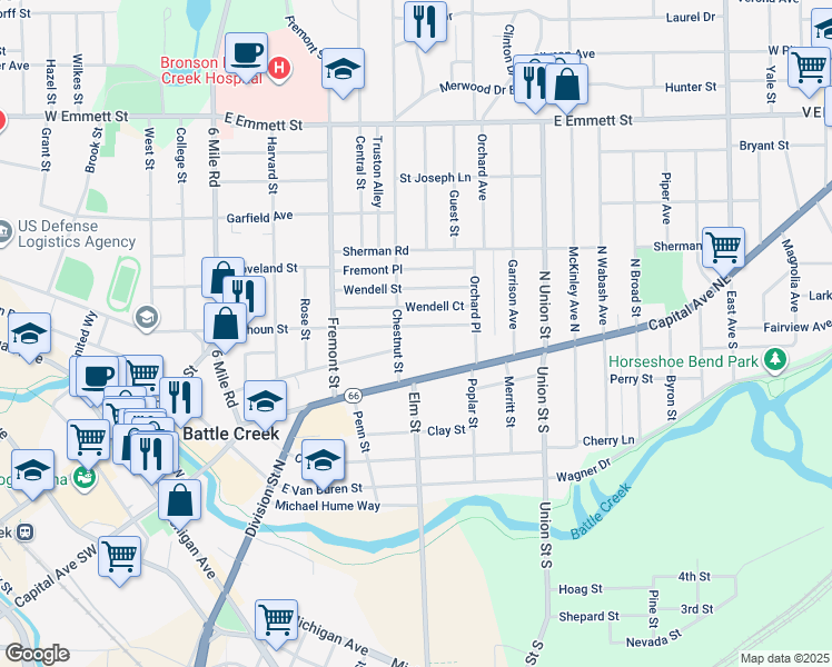 map of restaurants, bars, coffee shops, grocery stores, and more near 44 Chestnut Street in Battle Creek