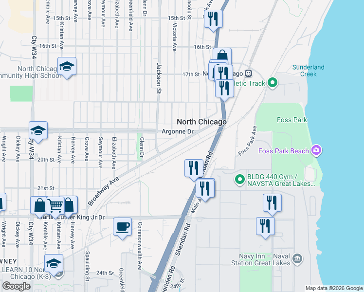 map of restaurants, bars, coffee shops, grocery stores, and more near 911 Broadway Avenue in North Chicago