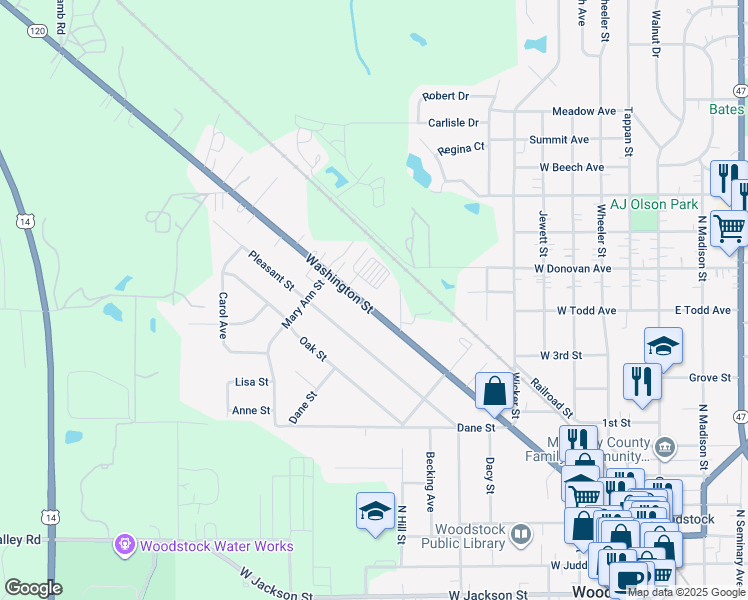 map of restaurants, bars, coffee shops, grocery stores, and more near 728 Washington Street in Woodstock