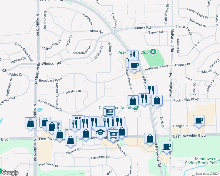 map of restaurants, bars, coffee shops, grocery stores, and more near 4271 Sparrow Hawk Drive in Loves Park