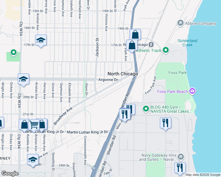 map of restaurants, bars, coffee shops, grocery stores, and more near 911 Broadway Avenue in North Chicago