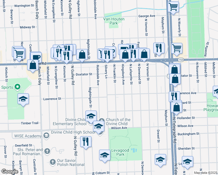 map of restaurants, bars, coffee shops, grocery stores, and more near 1772 Silvery Lane in Dearborn