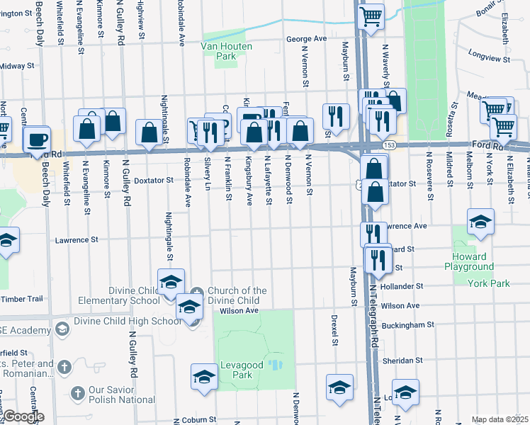 map of restaurants, bars, coffee shops, grocery stores, and more near 1747 North Lafayette Street in Dearborn