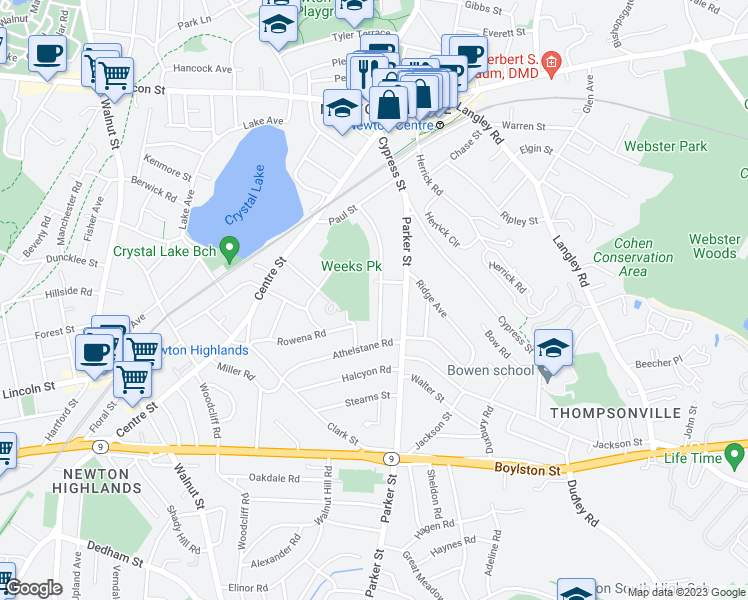 map of restaurants, bars, coffee shops, grocery stores, and more near 93 Oxford Road in Newton